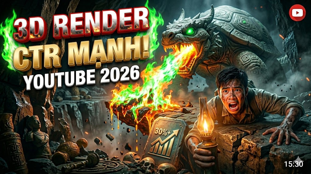 Phân tích vì sao thumbnail 3D Render giúp tăng CTR YouTube năm 2026. Cách dùng AI tạo thumbnail cinematic, gây tò mò và tăng khả năng dừng lướt cho kênh faceless.