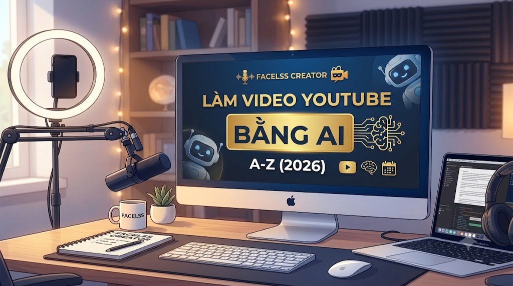 Hướng dẫn chi tiết quy trình làm video YouTube bằng AI từ A-Z cho người mới: tìm ngách, viết kịch bản, tạo voice AI, dựng video, thumbnail và tối ưu SEO YouTube để kiếm tiền bền vững.