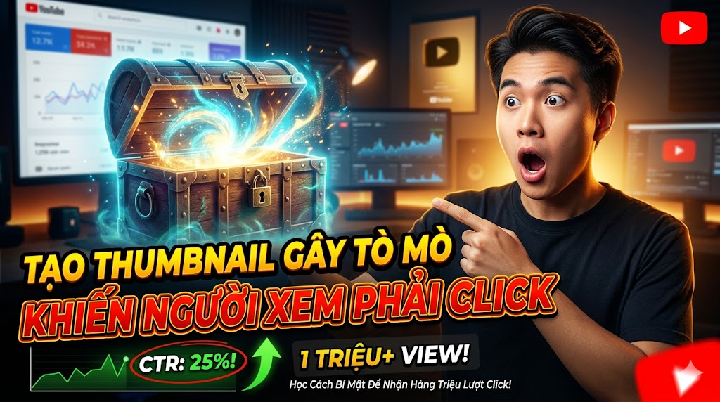 Hướng dẫn tạo thumbnail YouTube gây tò mò để tăng CTR năm 2026. Công thức curiosity gap, điểm bất ngờ và cách dùng AI tạo thumbnail faceless chuyên nghiệp, không spam.