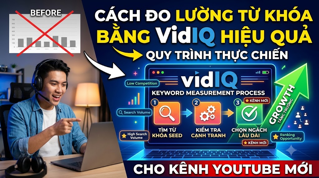 Hướng dẫn đo lường từ khóa bằng VidIQ theo quy trình thực chiến. Tìm hiểu cách chọn từ khóa Volume 5.000–50.000 để tăng cơ hội lên đề xuất và phát triển kênh YouTube nhanh hơn.