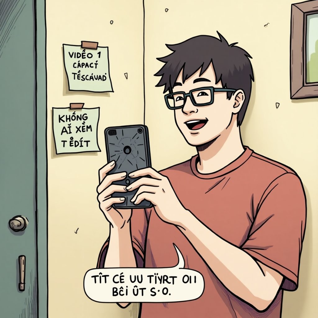 Flux Dev A person holding an old cracked smartphone filming a 2