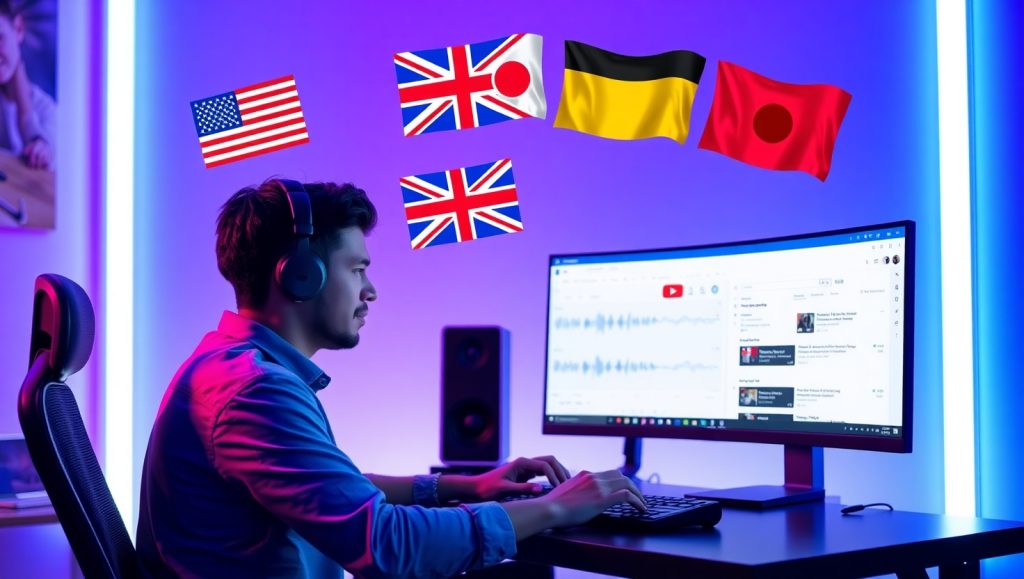 Cách dùng AI dịch và lồng tiếng để làm nội dung đa ngôn ngữ - Cách làm youtube view ngoại 3 Flux Schnell A YouTuber sitting at a computer using AI tools f 2