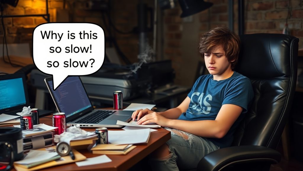 Flux Schnell A cluttered desk with a sleek silver laptop its s 2