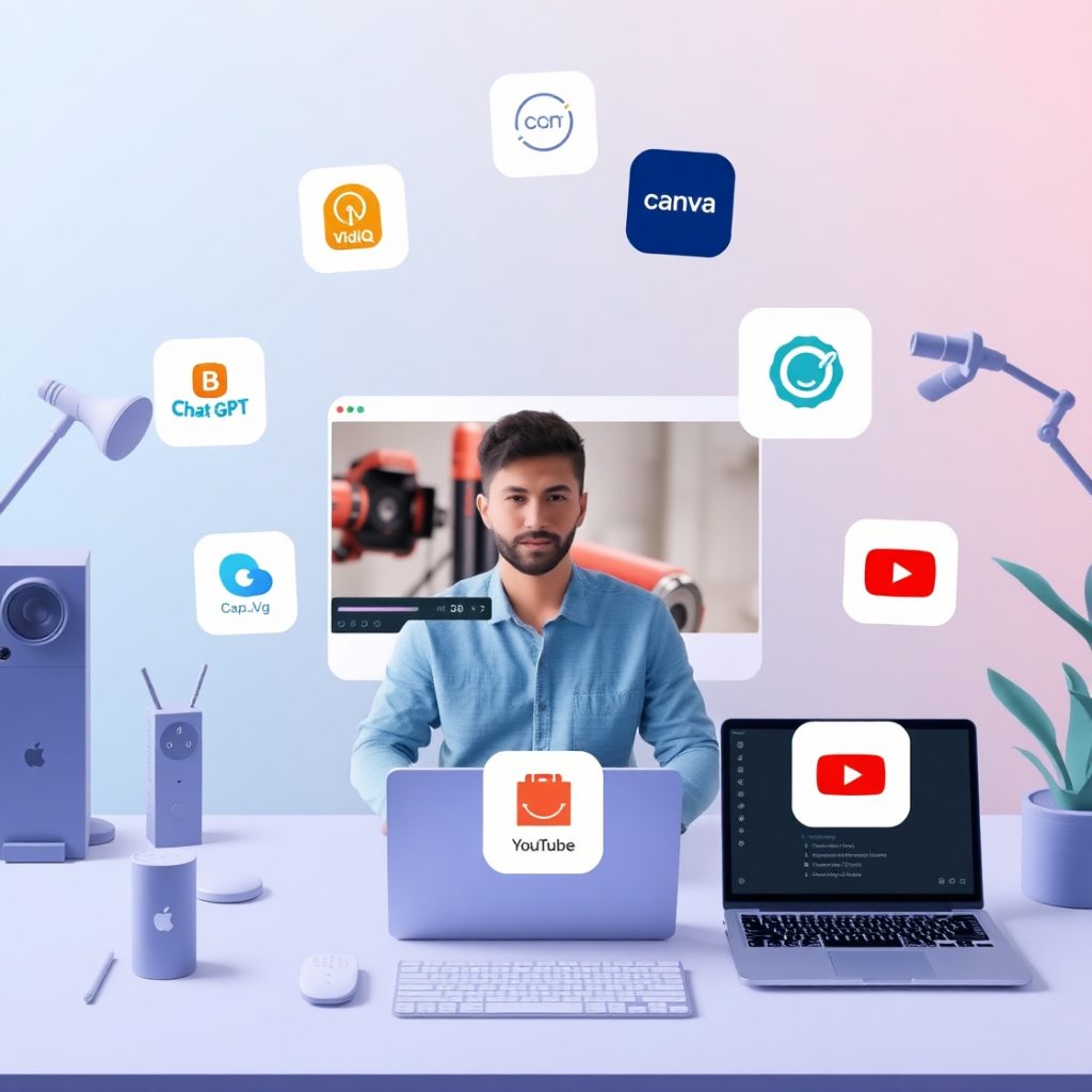 Flux Schnell A digital workspace setup with a YouTube creator 3