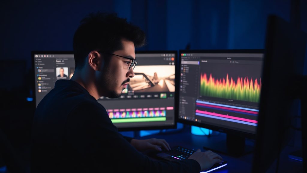 Flux Schnell A focused male YouTuber working on Adobe Premiere 2