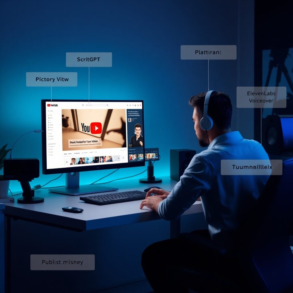 Một Mình Làm Kênh YouTube Full AI Có Được Không? - Cách Làm Youtube View Ngoại. 4 Flux Schnell A single YouTuber sitting at a desk using multipl 1