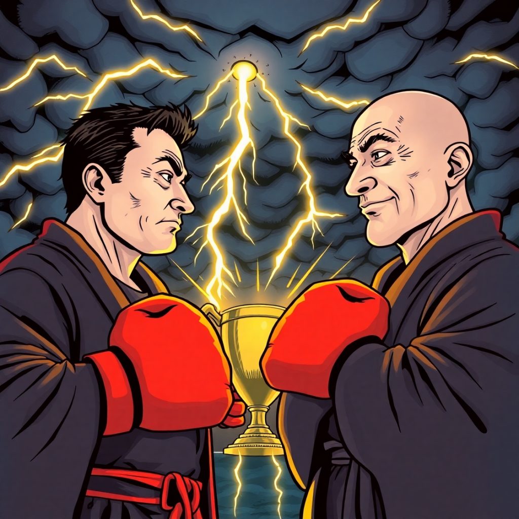 20 Ý Tưởng Video YouTube Giúp Tăng Tương Tác Chóng Mặt 7 Flux Schnell Two famous figures Elon Musk and Jeff Bezos stand 1