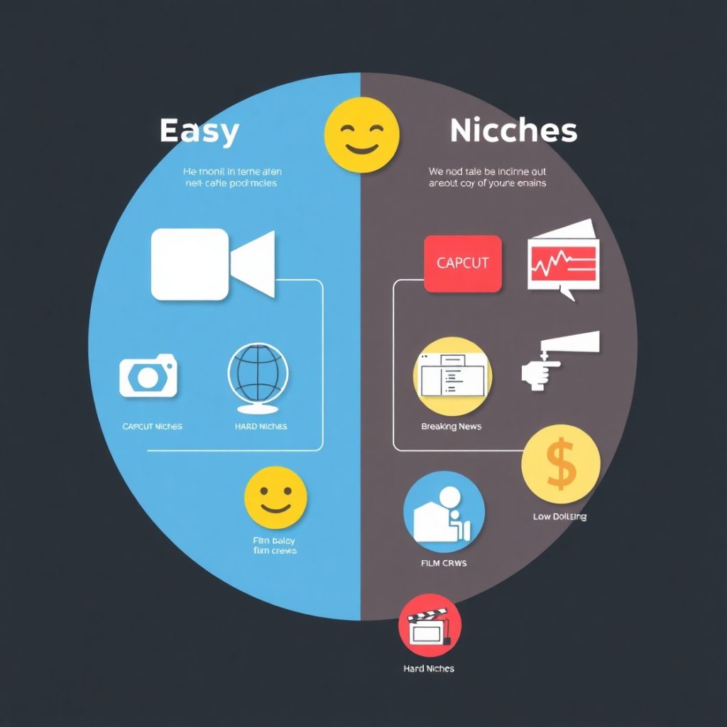 Cách Chọn Ngách Khi Tạo Kênh YouTube View Ngoại - Cách làm Youtube View Ngoại 3 Flux Schnell infographic split into two halves left side Easy 3