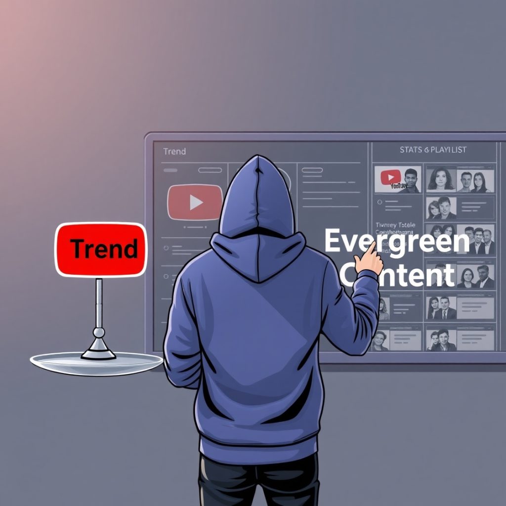 Làm Video Theo Trend Hay Xây Dựng Nội Dung Dài Hạn – Cách Làm Youtube View Ngoại 4 Flux Schnell A balanced scale with Trend on one side and Everg 1