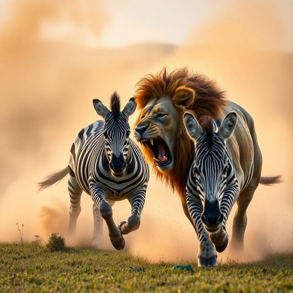 5 Ngách YouTube nào dễ lên xu hướng và dễ kiếm tiền? - Cách Làm Youtube View Ngoại 3 Flux Schnell A dramatic scene of a lion chasing a zebra in the 0