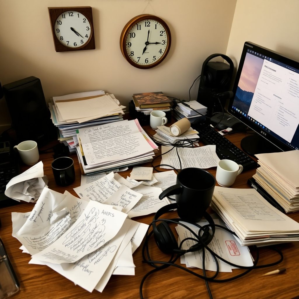 Flux Schnell A faceless YouTube creators desk is cluttered wit 2