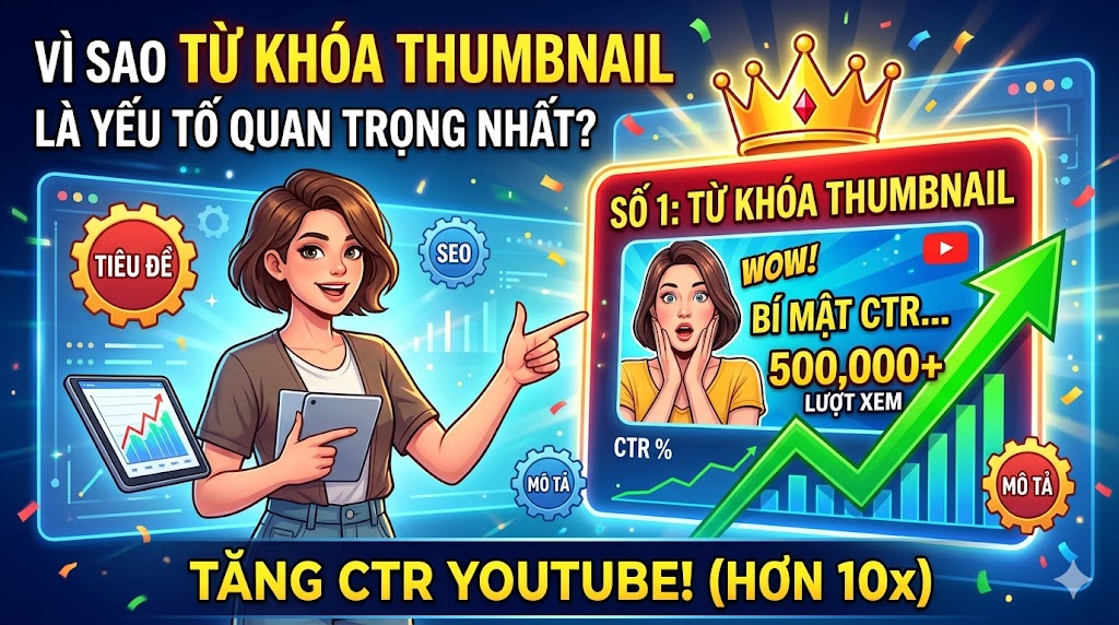 Tìm hiểu vì sao từ khóa thumbnail ảnh hưởng mạnh đến CTR YouTube, cách khán giả nhìn thumbnail trước title và chiến lược tối ưu thumbnail keyword để tăng lượt nhấp.