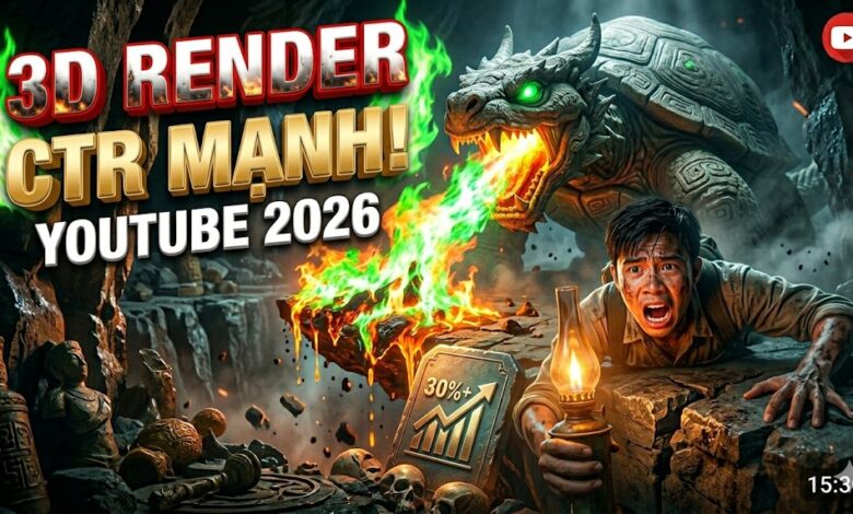 Phân tích vì sao thumbnail 3D Render giúp tăng CTR YouTube năm 2026. Cách dùng AI tạo thumbnail cinematic, gây tò mò và tăng khả năng dừng lướt cho kênh faceless.