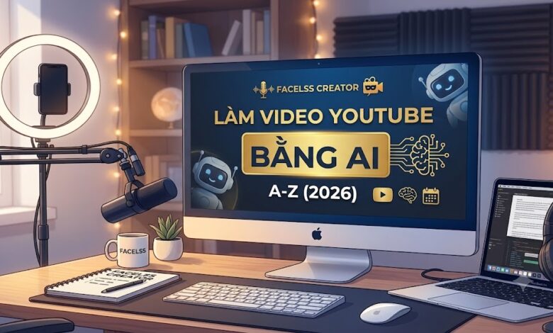 Hướng dẫn chi tiết quy trình làm video YouTube bằng AI từ A-Z cho người mới: tìm ngách, viết kịch bản, tạo voice AI, dựng video, thumbnail và tối ưu SEO YouTube để kiếm tiền bền vững.