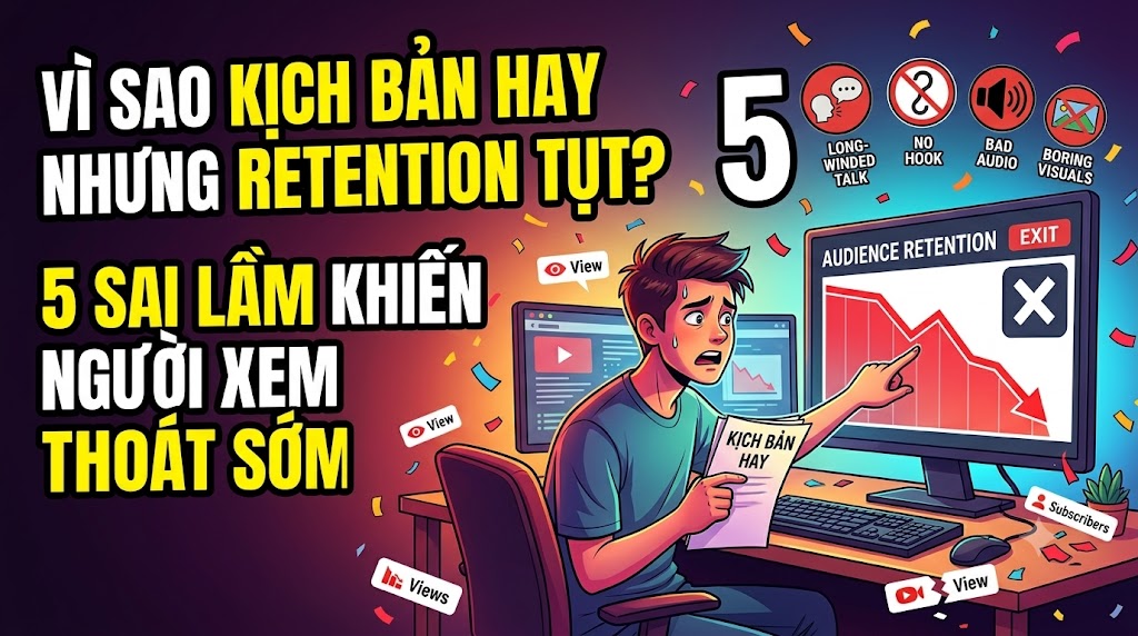 Phân tích lý do kịch bản YouTube hay nhưng retention vẫn thấp: hook yếu, lạm dụng AI, stock footage nhàm chán và thiếu cảm xúc giữ chân người xem.