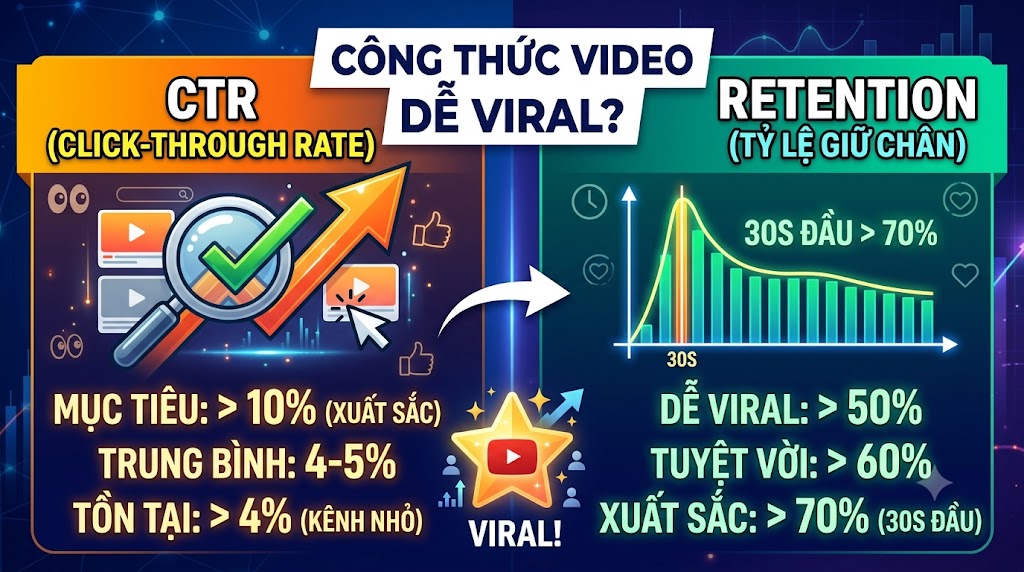 CTR bao nhiêu là tốt? Retention bao nhiêu thì YouTube đẩy mạnh? Hướng dẫn đọc chỉ số CTR và retention thực chiến để biết video có tiềm năng viral hay không.