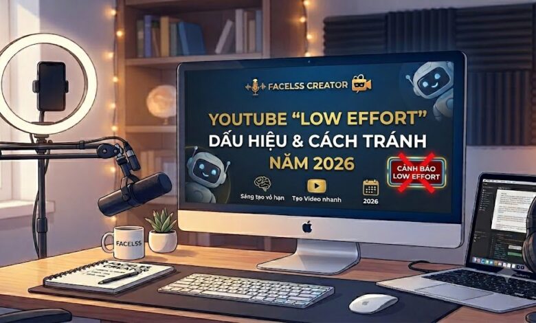 Phân tích các dấu hiệu khiến video YouTube bị đánh giá low effort hoặc chất lượng thấp năm 2026: still frame content, spam AI, stock footage lặp lại và cách xây kênh faceless an toàn, bền vững.