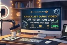 Checklist dựng video YouTube giúp tăng retention năm 2026: hook, pacing, subtitle, transition, âm thanh và kỹ thuật edit giúp tránh bị đánh giá low effort cho kênh AI faceless.