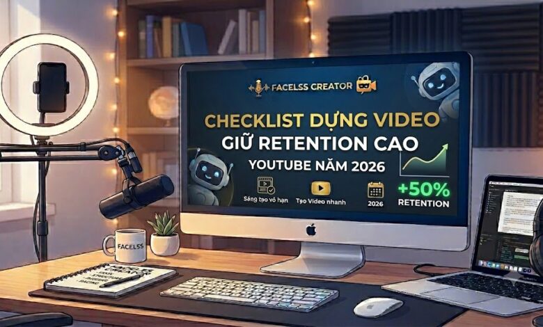 Checklist dựng video YouTube giúp tăng retention năm 2026: hook, pacing, subtitle, transition, âm thanh và kỹ thuật edit giúp tránh bị đánh giá low effort cho kênh AI faceless.