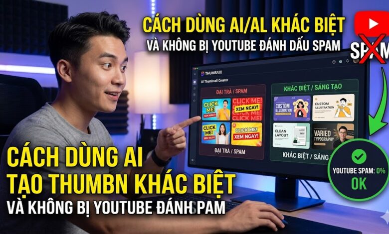 Hướng dẫn dùng AI tạo thumbnail YouTube độc bản năm 2026 mà không bị quét spam. Cách dùng 3D Render, tạo curiosity và tránh clone thumbnail đối thủ.