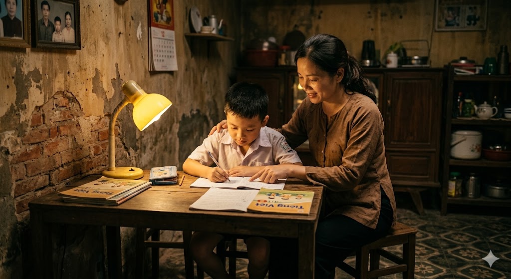 người mẹ dành thời gian cho con vào buổi tối