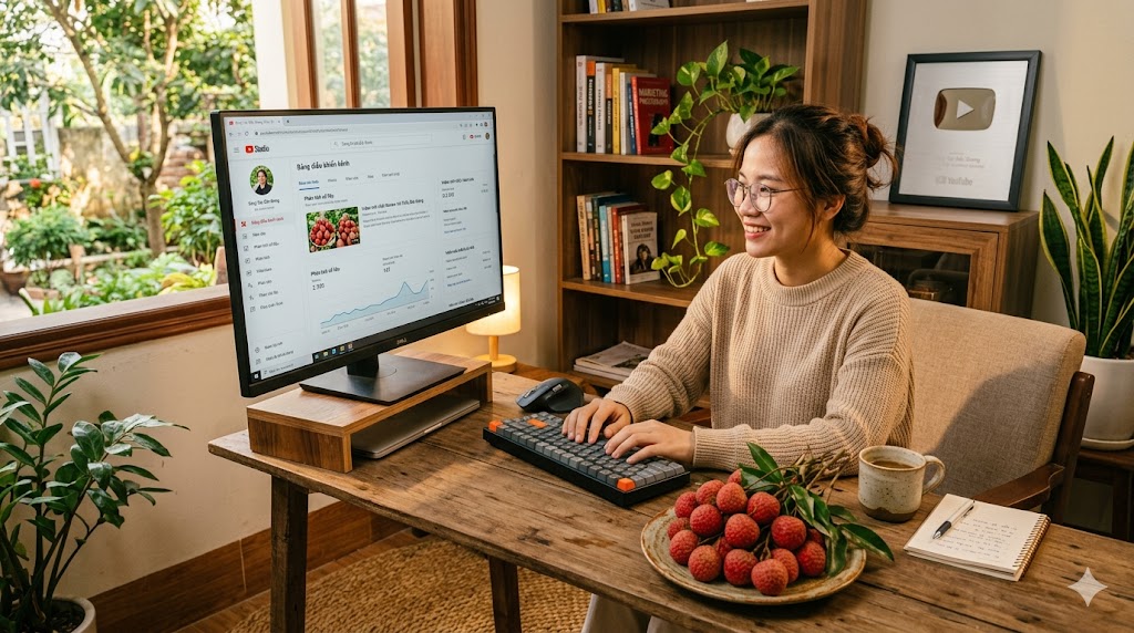  Một góc làm việc ấm cúng với chiếc máy tính hiện đại đang hiển thị bảng điều khiển YouTube Studio. Bên cạnh bàn phím là một đĩa vải chín đỏ đặc sản Bắc Giang, tạo cảm giác về một công việc tự do, làm việc tại nhà nhưng mang lại hiệu quả kinh tế lớn.