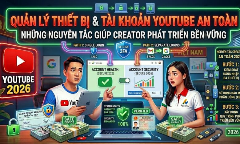 Hướng dẫn quản lý thiết bị, tài khoản Google và hệ thống YouTube theo cách an toàn, bảo mật và đúng chính sách để phát triển kênh lâu dài.