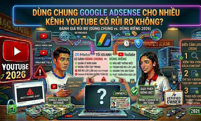 Có nên dùng chung Google AdSense cho nhiều kênh YouTube? Phân tích ưu, nhược điểm và cách quản trị hệ thống an toàn để phát triển lâu dài.