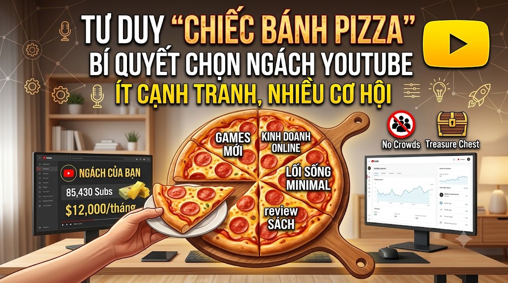 Tư duy "Chiếc bánh Pizza" là gì? Tìm hiểu cách xẻ nhỏ chủ đề, lựa chọn sub-niche và xây dựng kênh YouTube Faceless theo chiến lược ngách càng nhỏ càng nhiều cơ hội.