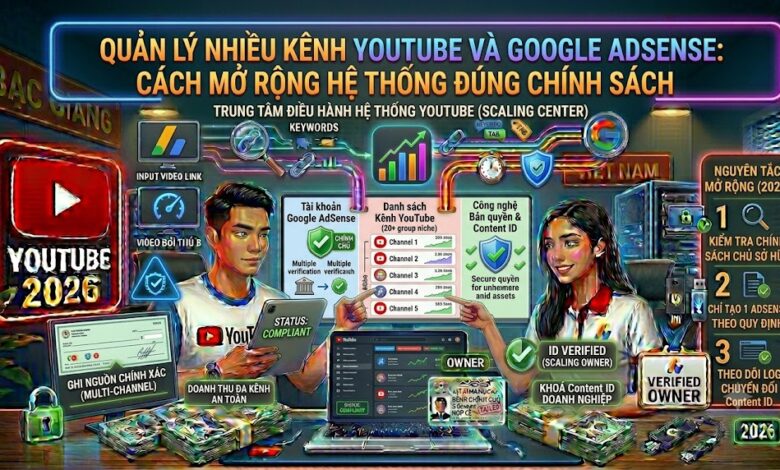 Hướng dẫn quản lý nhiều kênh YouTube và Google AdSense theo cách chuyên nghiệp, an toàn và đúng chính sách để phát triển hệ thống bền vững.