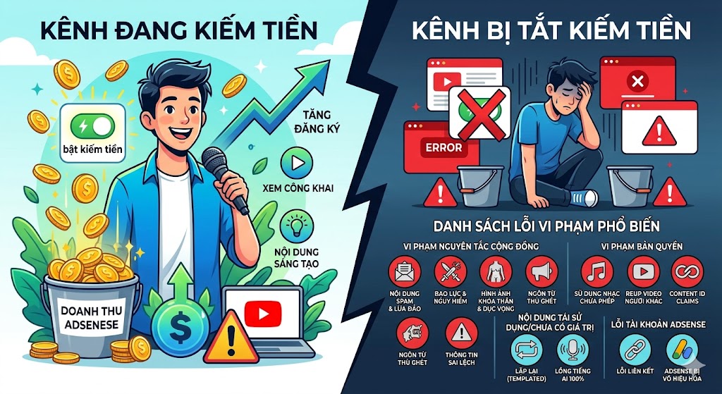 lỗi phổ biến khiến youtube tắt kiếm tiền