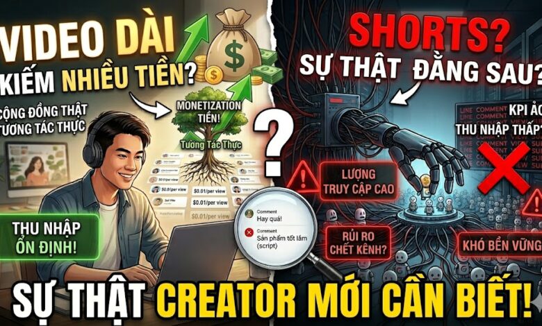Video dài hay YouTube Shorts kiếm được nhiều tiền hơn? Phân tích thực tế về RPM, thời lượng video, doanh thu quảng cáo và chiến lược kiếm tiền bền vững trên YouTube.