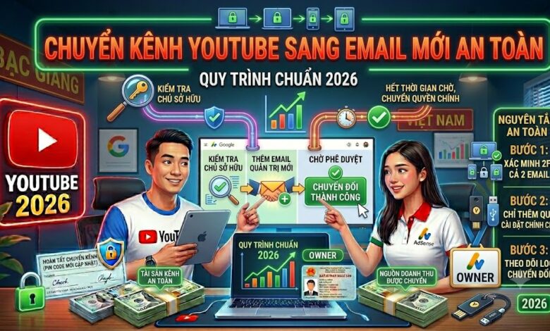 Hướng dẫn chuyển kênh YouTube sang email quản trị mới đúng cách, bảo toàn quyền sở hữu và xây dựng hệ thống quản lý kênh chuyên nghiệp, an toàn.