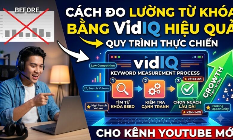 Hướng dẫn đo lường từ khóa bằng VidIQ theo quy trình thực chiến. Tìm hiểu cách chọn từ khóa Volume 5.000–50.000 để tăng cơ hội lên đề xuất và phát triển kênh YouTube nhanh hơn.