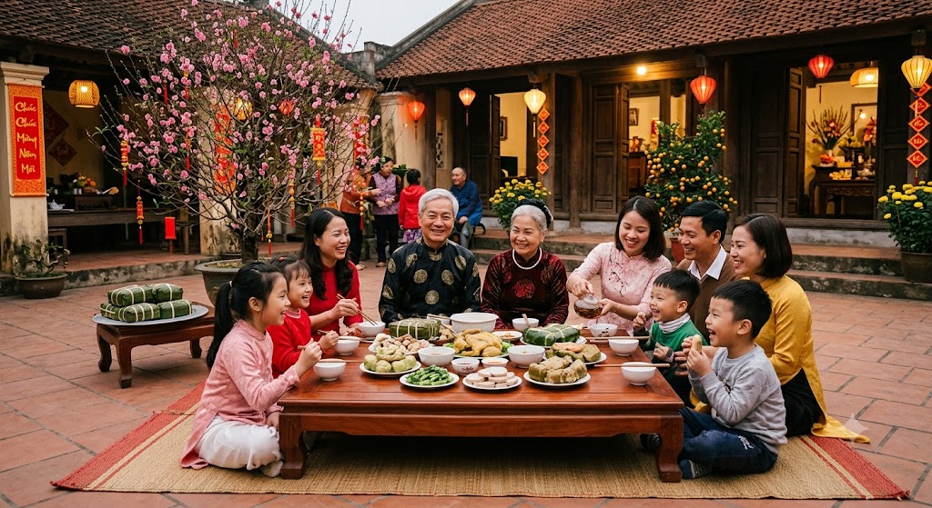 Gia đình sum họp bên mâm cơm ngày Tết đầy yêu thương.