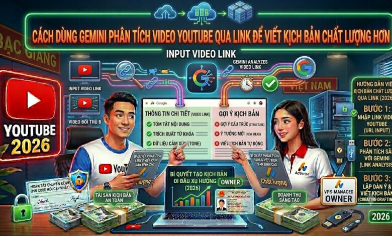 Hướng dẫn sử dụng Gemini để phân tích video YouTube qua đường link, nghiên cứu cấu trúc nội dung và phong cách trình bày nhằm xây dựng kịch bản nguyên bản, chất lượng.