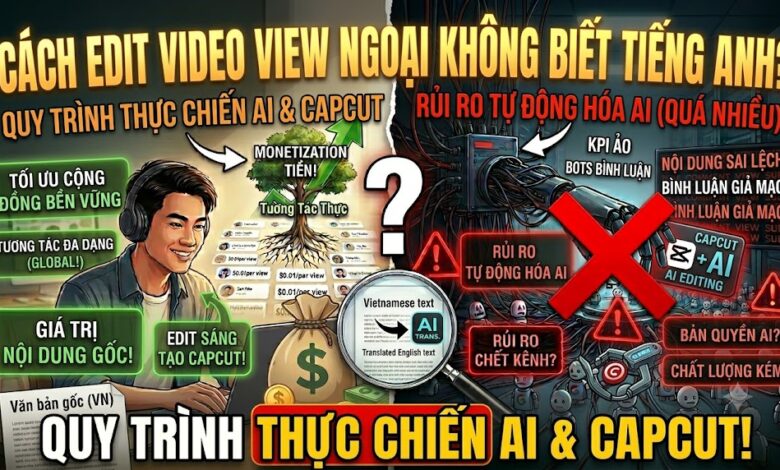 Hướng dẫn edit video YouTube view ngoại không cần giỏi tiếng Anh. Tìm hiểu quy trình sử dụng AI, CapCut, footage, SFX và storytelling để tạo video chuyên nghiệp.