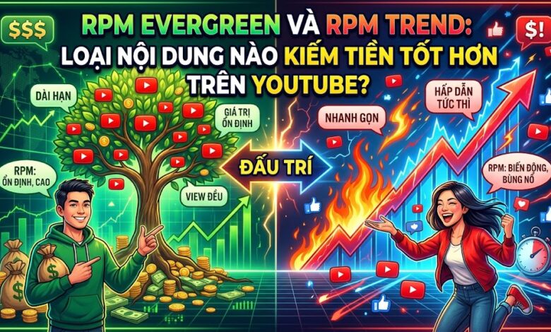 So sánh RPM của nội dung Evergreen và Trend trên YouTube, phân tích ưu nhược điểm, chiến lược kết hợp 4:1 và cách xây dựng nguồn thu nhập bền vững từ YouTube AI Automation.