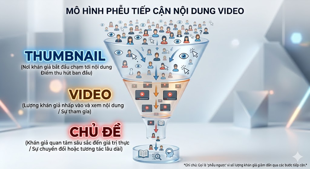 Hình ảnh một chiếc phễu ngược. Miệng phễu rộng ở phía trên ghi chữ "Thumbnail" (nơi khán giả bắt đầu chạm tới nội dung), phần giữa ghi chữ "Video" và đáy phễu nhỏ nhất ghi chữ "Chủ đề". Hình ảnh minh họa cho việc khán giả tiếp cận từ hình ảnh thu nhỏ vào sâu bên trong nội dung.