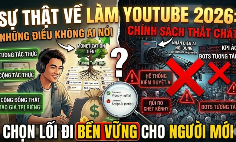 Sự thật về làm YouTube năm 2026. Thu nhập từ view ngoại, video dài, AI, kênh faceless, tài sản số và những góc khuất mà người mới cần biết trước khi bắt đầu.