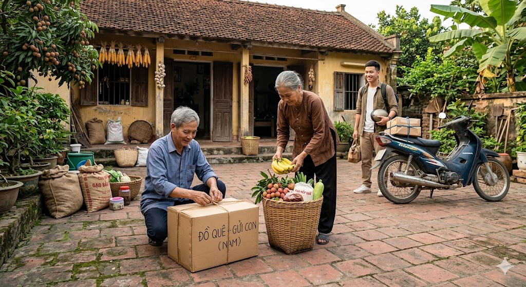 bố mẹ chuẩn bị đồ ăn cho con sau tết