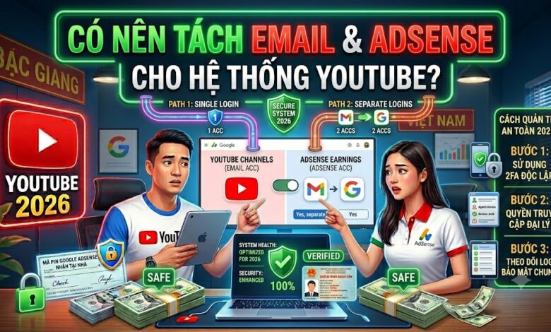 Tìm hiểu khi nào nên tách Email quản trị và Google AdSense cho hệ thống YouTube. Hướng dẫn quản lý tài khoản an toàn, đúng chính sách để phát triển kênh bền vững.