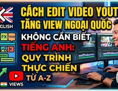 Hướng dẫn edit video YouTube view ngoại không cần giỏi tiếng Anh. Tìm hiểu cách sử dụng ElevenLabs, CapCut, phụ đề song ngữ, SFX và các nguyên tắc tránh bản quyền để xây dựng kênh faceless bền vững.