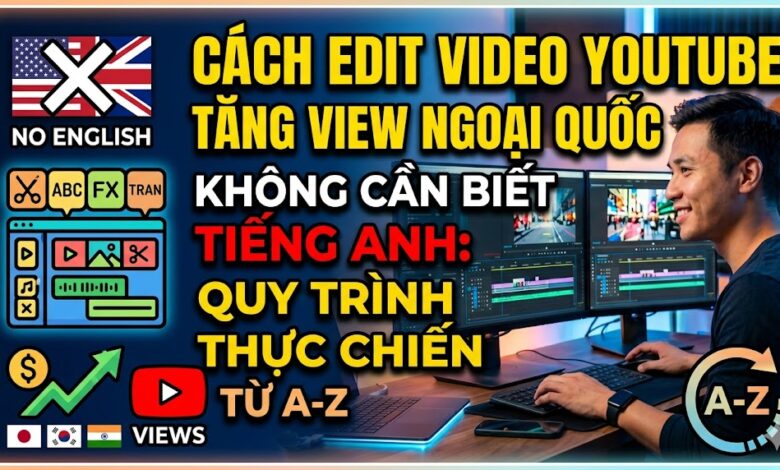 Hướng dẫn edit video YouTube view ngoại không cần giỏi tiếng Anh. Tìm hiểu cách sử dụng ElevenLabs, CapCut, phụ đề song ngữ, SFX và các nguyên tắc tránh bản quyền để xây dựng kênh faceless bền vững.