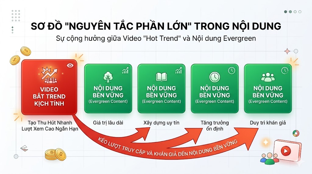 Một sơ đồ đơn giản thể hiện "Nguyên tắc phần lớn". Gồm 5 ô hình vuông xếp hàng ngang: 4 ô màu xanh lá cây đại diện cho nội dung bền vững (Evergreen) và 1 ô màu đỏ đại diện cho video "bắt trend" kịch tính. Mũi tên từ ô đỏ chỉ ra sức mạnh kéo lượt xem cho 4 ô xanh còn lại.