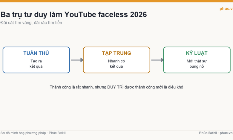 Ba trụ tư duy làm YouTube faceless 2026: tuân thủ, tập trung, kỷ luật