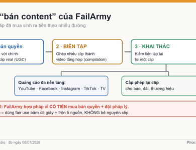 Sơ đồ chuỗi bán content của FailArmy: mua bản quyền, biên tập compilation, khai thác đa nền tảng