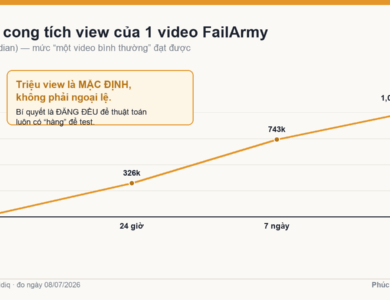 Biểu đồ đường cong tích view của một video FailArmy: 10k sau 1 giờ đến 1,03 triệu sau 28 ngày