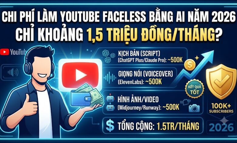 Chi phí làm YouTube Faceless bằng AI năm 2026: Chỉ khoảng 1,5 triệu đồng/tháng?
