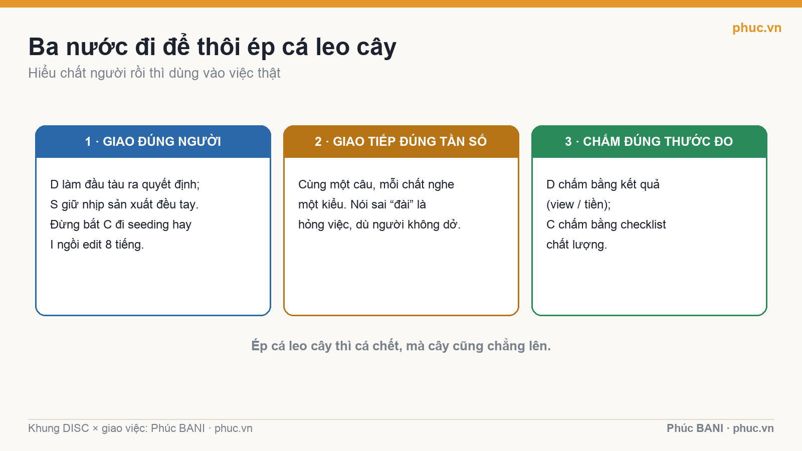 Ba nước đi giao việc theo DISC: giao đúng người, giao tiếp đúng tần số, chấm đúng thước đo
